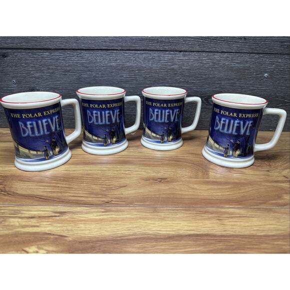 Polar Express BELIEVE 3D Raised Ceramic Hot Chocolate/Coffee Mug ~Set of 4 - Picture 1 of 10